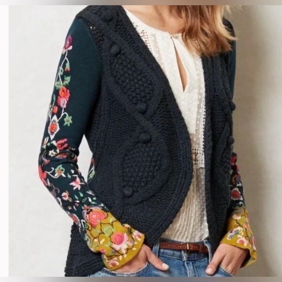 Anthropologie Sweaters - Anthropologie | Sleeping on Snow Cardigan Cable Knit Sweater Embroidered | S